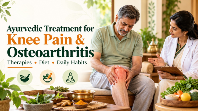 Tarunveda Ayurvedic treatment for knee pain and osteoarthritis, featuring an Ayurvedic practitioner, herbal ingredients, and knee pain care.