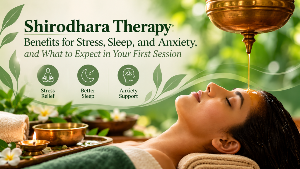 Shirodhara therapy with warm Ayurvedic oil for relaxation, stress management and sleep wellness.